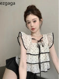 Yipinpay Sweet Shirts Women Polka Dot Lace Up Flying Sleeve Square Collar Crop Tops Slim Elegant Blouse Female Summer Casual