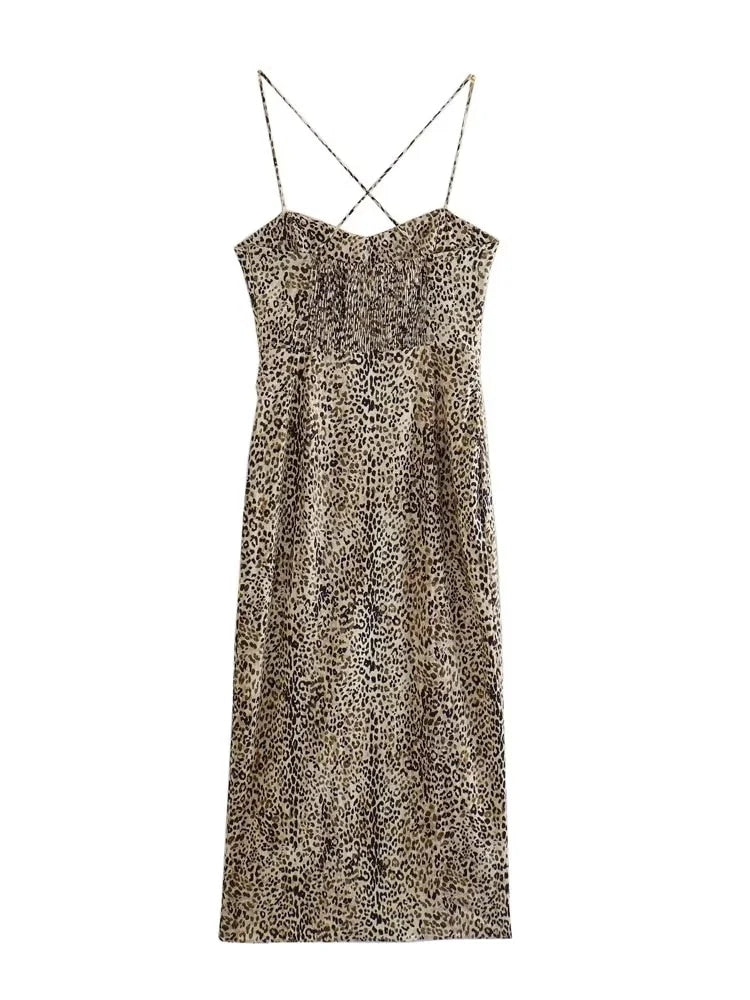 Yipinpay 2023 Leopard Print Corset Dress Woman Knot Slip Long Dress Women Summer Backless Sexy Midi Dresses Elegant Party Dresses
