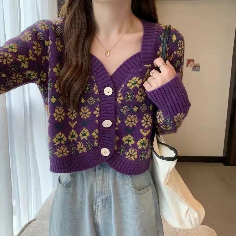 Yipinpay floral short knitted cardigan women autumn 2024 sweater jacket design sense long sleeve v neck cardigan sweater female