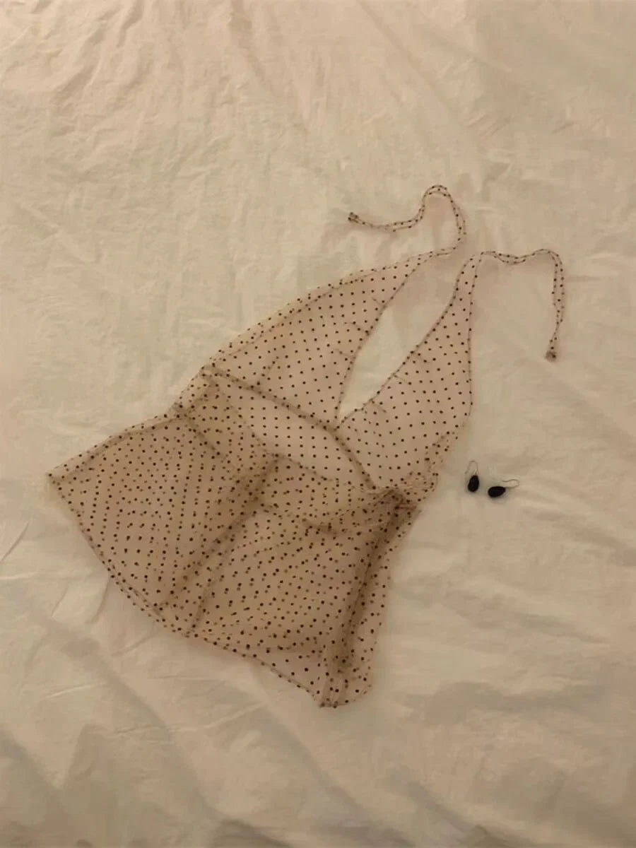 Yipinpay Summer New See Through Mesh Tank Top Black Wave Point Lace Up Camisole Vest Y2k E-Girl Sleeveless Halter Tops Women