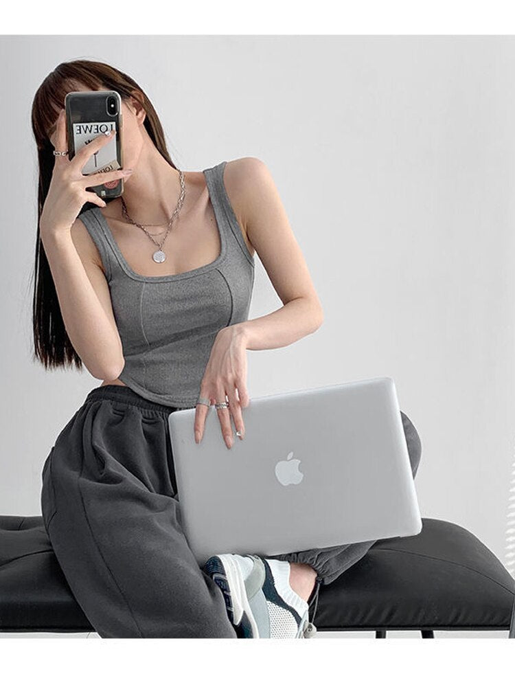 Yipinpay Tank Tops Women Tight Fishbone Sleeveless Crop Top Korean Fashion Solid Square Collar Vest Female 2023 New