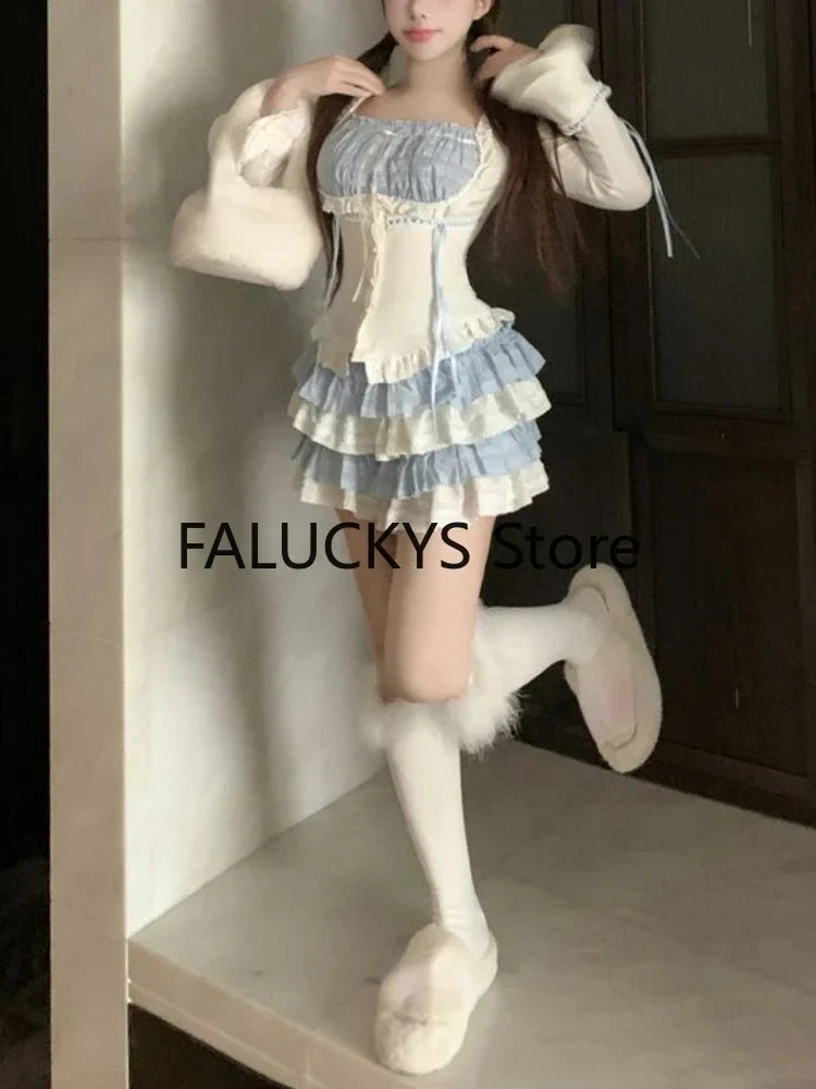 Yipinpay Summer Sweet French Skirt 2 Piece Set Women Evening Party Slim Y2k Crop Top + Office Lady Casual Mini Skirt Korean Fashion