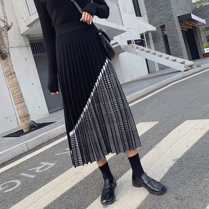 Yipinpay 2023 Autumn Winter Houndstooth Knitted Long Skirts Women Vintage Black High Waist Midi Pleated Skirt Elegant Casual