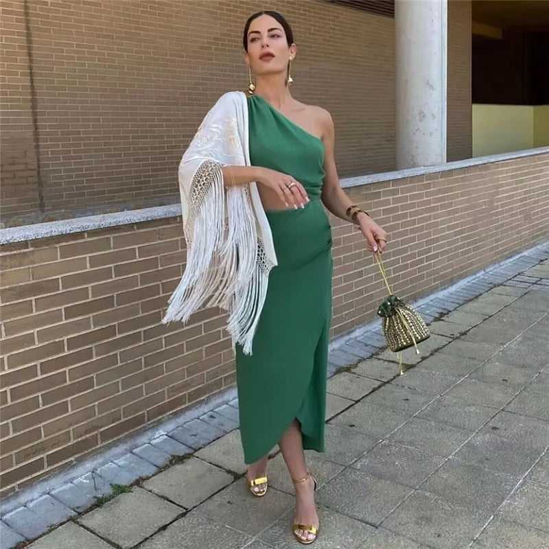 Yipinpay 2023 Cut Out Long Dress Women Asymmetric Green Sleeveless Dress Woman Ruched Off Shoulder Midi Summer Elegant Party Dresses