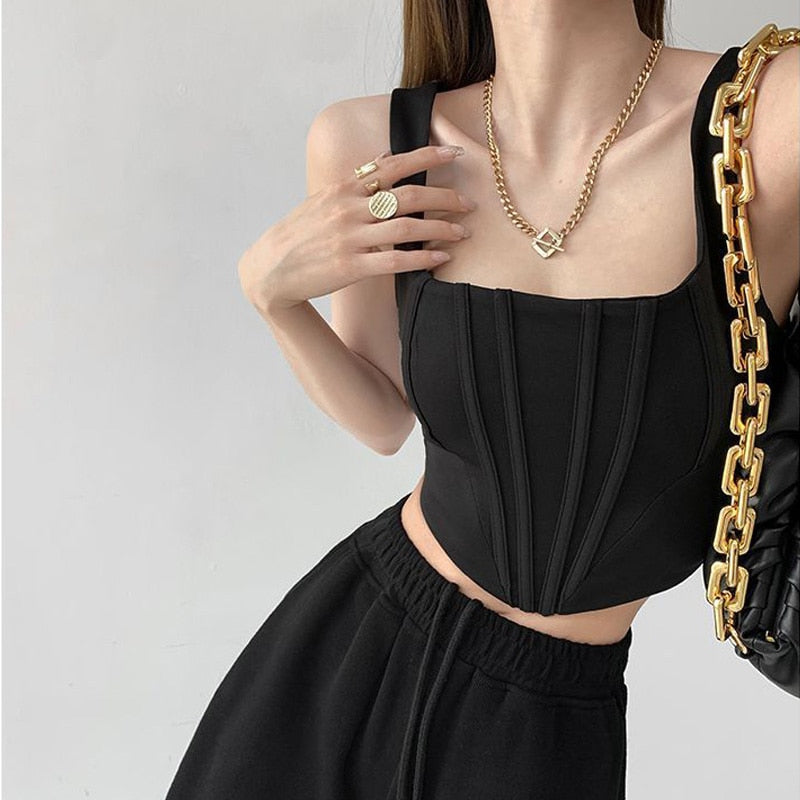 Yipinpay Bright Line Decoration Corset Tops Women Summer New Slim Square Neck Sleeveless Irregular Crop Top Outwear