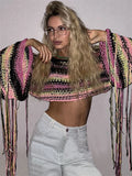 Yipinpay Tassel Contrast Holiday Sweater Pullovers For Women Loose Flared Sleeve Beach Boho Knit Female Cover up Pullover Crop top