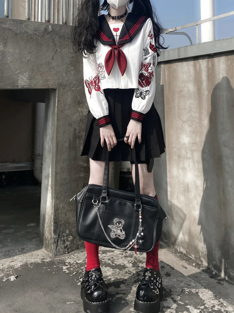 Yipinpay Women Preppy JK Suit Genuine Japanese Dark Jk Uniform Shirt + Black Pleated Skirt Punk Girl Embroidered Sailor 2pcs Suit