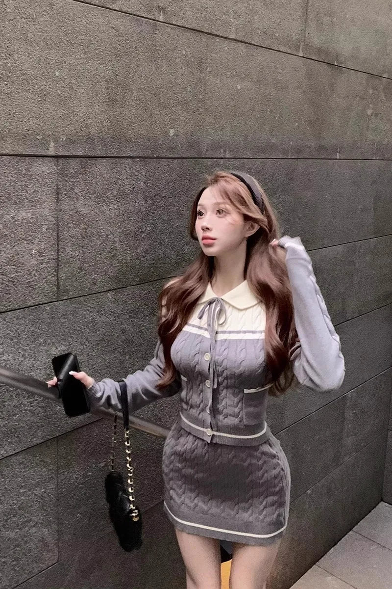 Yipinpay Girl College Style Suit Women's Autumn/Winter Peter Pan Collar Twists Knitted Cardigan Wrap Hip Short Skirt Two-piece Set