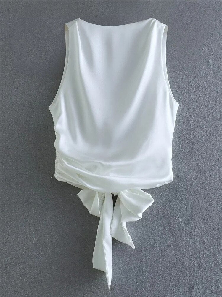 Yipinpay Backless Crop Top Women Satin Black Top Female Tied Sleeveless Tank Tops For Women Fashion Y2k Streetwear Sexy Tops Woman