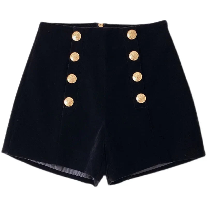 Yipinpay Black High Waist Slim Shorts Thicked Women's Winter New Korean Fashion Double-breasted Wide Leg Short Pants