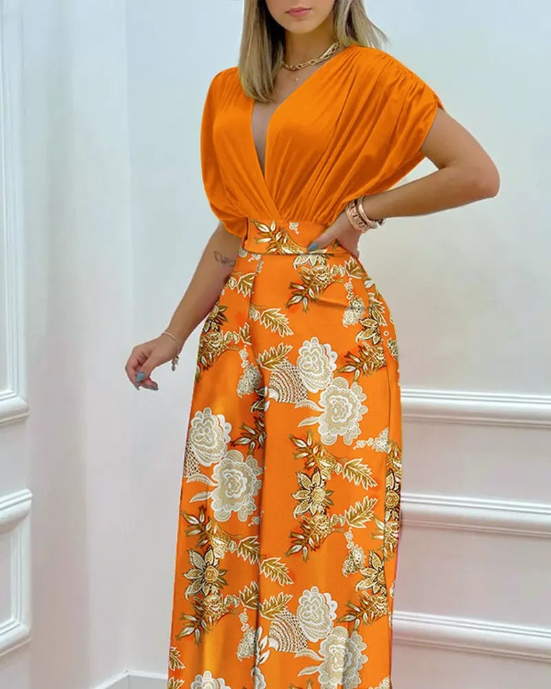 Yipinpay New Woman Summer Batwing Sleeve Wrap Top & Floral Print Wide Leg Pants Set Female & Lady Casual Office Sexy Two Pieces S