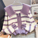 Yipinpay Women's Knitted Stripe Sweater Sweet Preppy Style Peter Pan Collar Cardigan Top Spring Autumn 2024 New Zipper Fashion Outwear