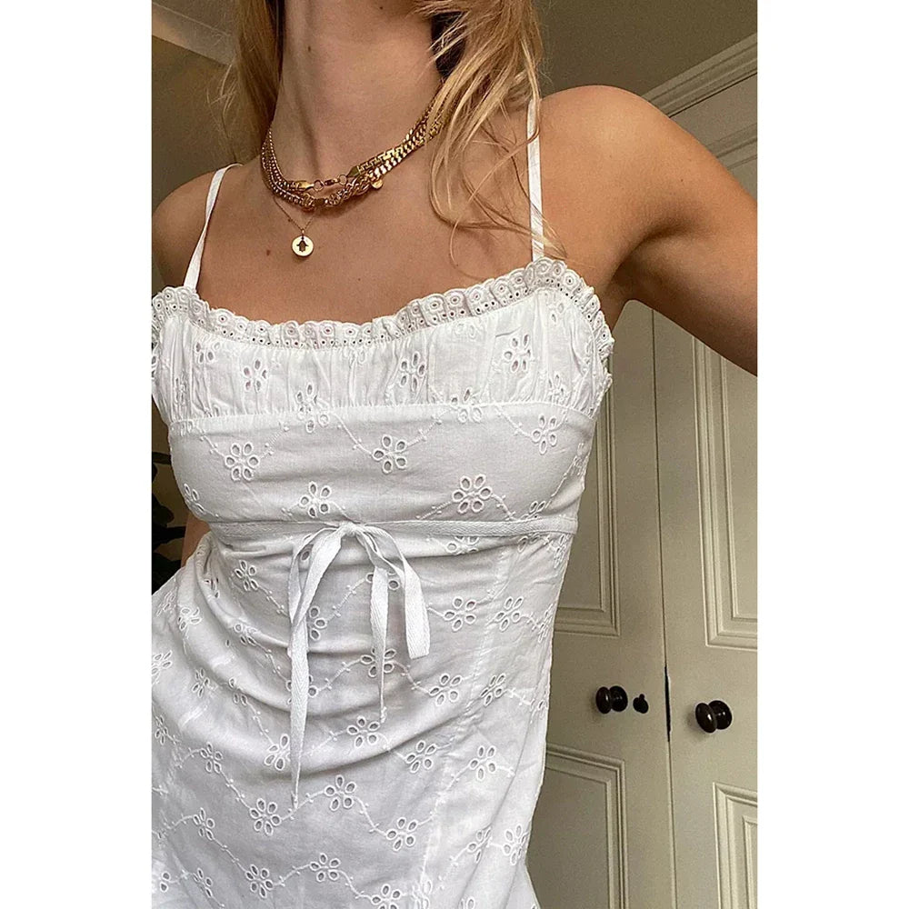 Yipinpay Women Sling Sleeveless Spaghetti Strap Tie-up Front Ruffle Hem Short Mini Dress Vintage E-Girl Party Street Clubwear