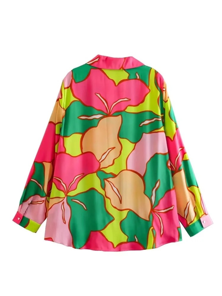 Yipinpay 2023 Pink Print Satin Shirt Woman Vintage Button Up Shirt Women Long Sleeve Top Female Casual Loose Blouses Hawaiian Shirt