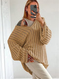 Yipinpay V-Neck Oversized Women's Sweater Long Sleeve Hollow Out Striped Knit Tops Winter 2024 Trend Casual Loose Pullover Sweaters
