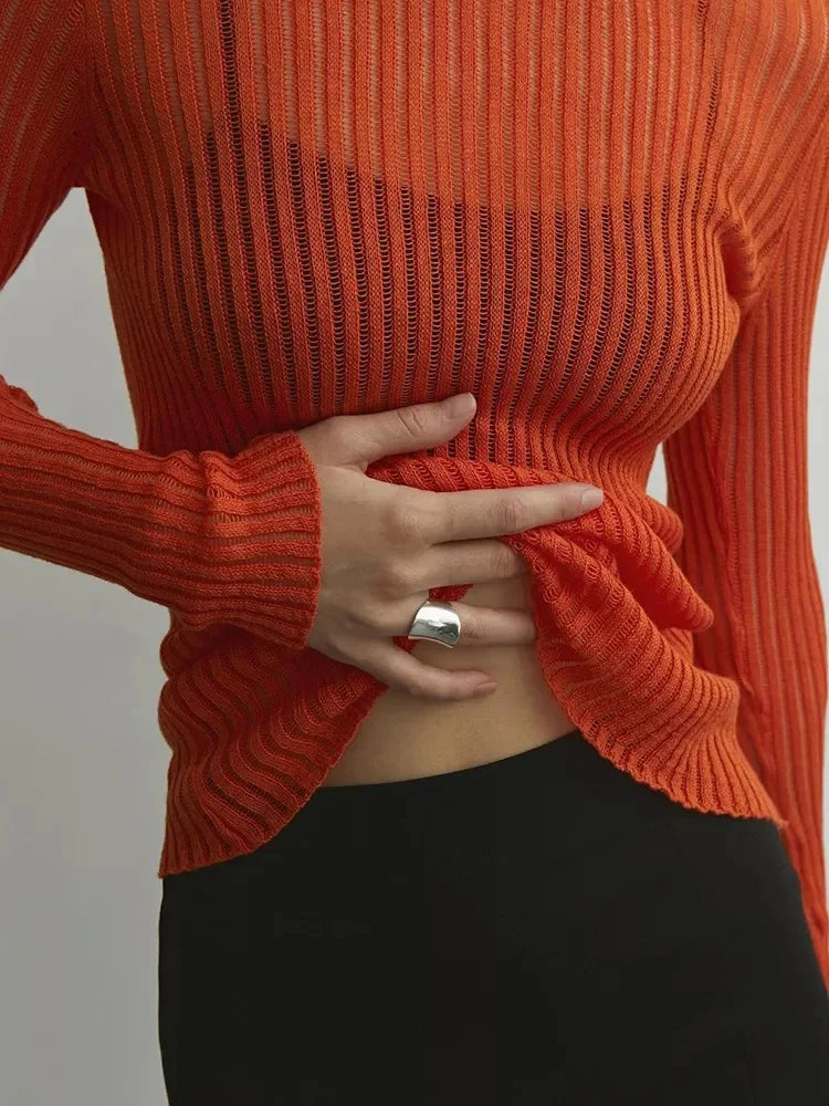 Yipinpay White Ribbed Knit T-Shirts Ladies See-Through Rib Sweater Tops Spring New Outfits Pullover Long Sleeve Casual Top Tees