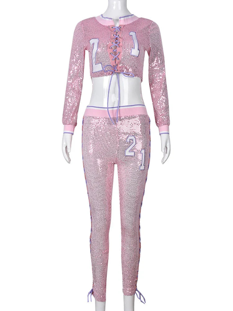 Yipinpay Simenual Digital Embroider Sequie Two Piece Set Women Sexy Bandage Long Sleeve Crop Top Tight Pants Fall Vocation Streetwear Y2k