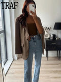 Yipinpay 2023 Brown Long Blazer Women Oversize Blazer Woman Long Sleeve Women's Spring Jacket Office Casual Elegant Womens Jackets