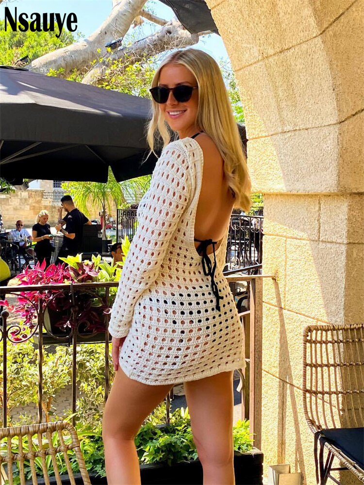yipinpay 2023 Knitted Beach Cover Up Sexy Hollow Out Long Sleeve Bodycon Mini Dresses For Women Summer Casual Party Club Dress