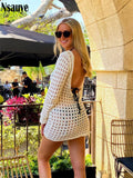 yipinpay 2023 Knitted Beach Cover Up Sexy Hollow Out Long Sleeve Bodycon Mini Dresses For Women Summer Casual Party Club Dress