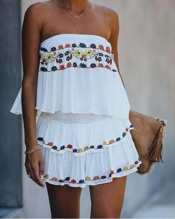 Yipinpay 2023 New Fashion Floral Print Romper Women White Bandeau Layered Ruffles Rompers