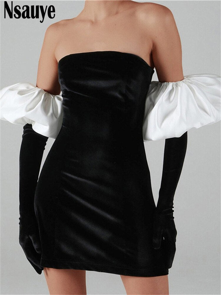 yipinpay 2023 Long Puff Sleeve Off Shoulder Autumn Winter Elegant Evening Party White Black Mini Dress Sexy Women Kawaii Dresses