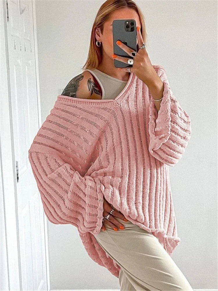 Yipinpay V-Neck Oversized Women's Sweater Long Sleeve Hollow Out Striped Knit Tops Winter 2024 Trend Casual Loose Pullover Sweaters