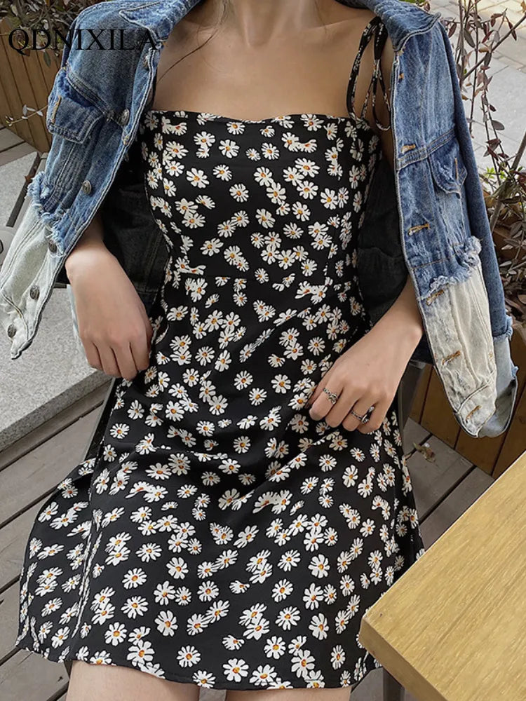 Yipinpay 2023 Floral Printed Women's Dress Vintage French Elegant Casual High Waist Thin Off Shoulder Sleeveless Midi Slip Dresses