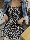 Yipinpay 2023 Floral Printed Women's Dress Vintage French Elegant Casual High Waist Thin Off Shoulder Sleeveless Midi Slip Dresses