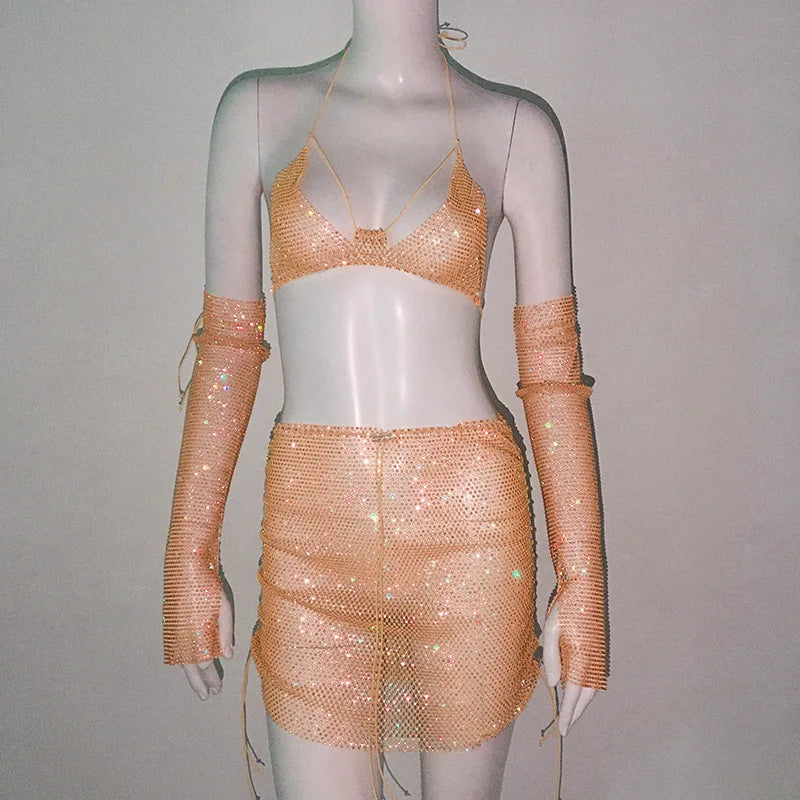 Yipinpay Women's Set Fishnet Rhinestone Dress Halter And Skirt And Arm Cuff Dress Lady's Temperament Elegant Three-Piece Outfits