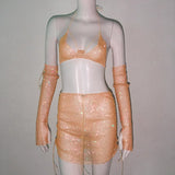 Yipinpay Women's Set Fishnet Rhinestone Dress Halter And Skirt And Arm Cuff Dress Lady's Temperament Elegant Three-Piece Outfits