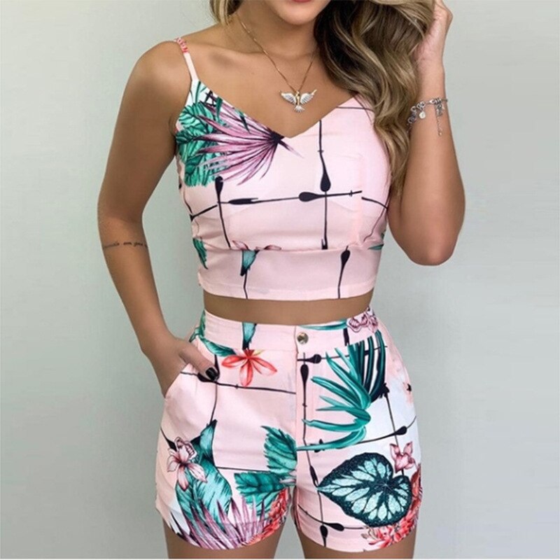 Yipinpay Print Suit Two-piece Women's Tropical Print Suspender Top and Fashionable Street Casual Shorts Suit Female Summer