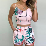 Yipinpay Print Suit Two-piece Women's Tropical Print Suspender Top and Fashionable Street Casual Shorts Suit Female Summer