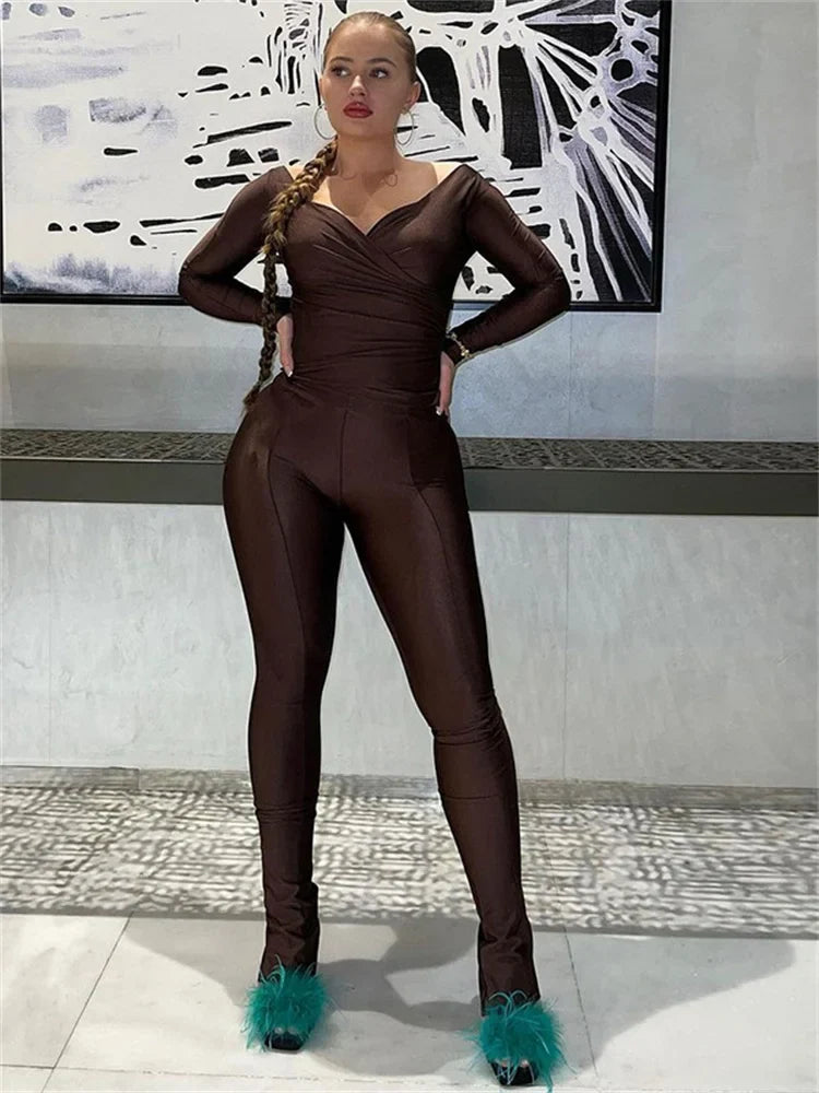 Yipinpay Simenual Casual Skinny Women Two Piece Set Sexy Deep V Crop Tops High Waist Pants Cyber Y2K Outfits Slim Co Ord Suits Streetwear