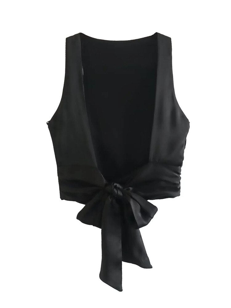 Yipinpay Backless Crop Top Women Satin Black Top Female Tied Sleeveless Tank Tops For Women Fashion Y2k Streetwear Sexy Tops Woman