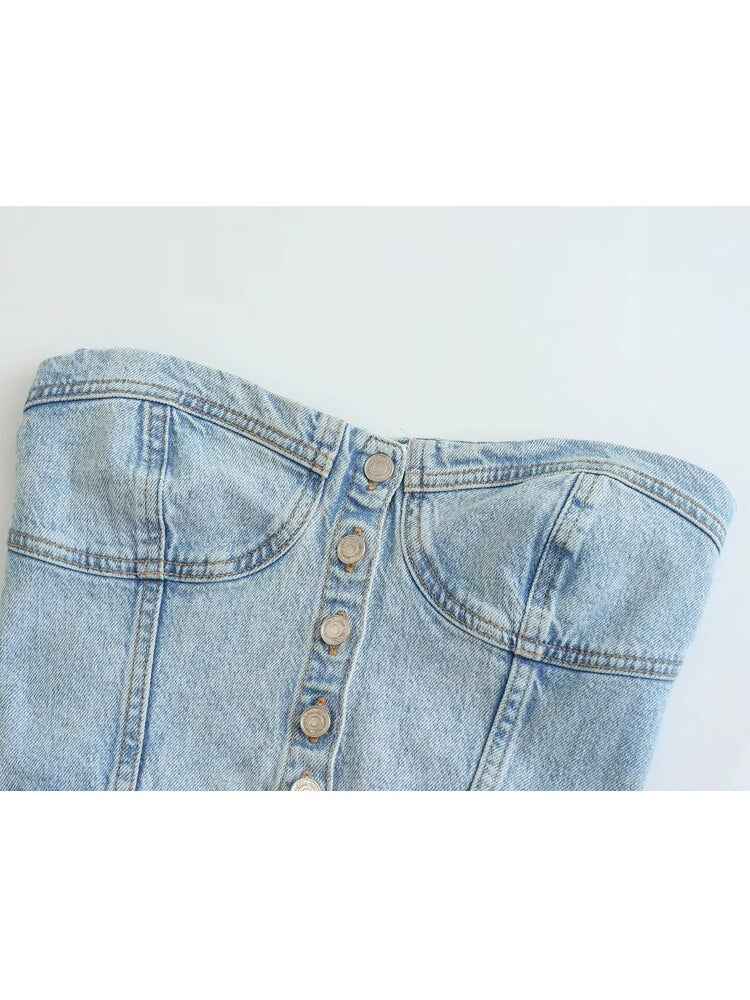 Yipinpay Blue Denim Corset Top Female Off Shoulder Crop Top Women Streetwear Y2k Sexy Tube Tops Woman Summer Button Up Bustier Tops