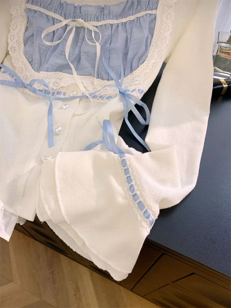 Yipinpay Spring Janpan Style Kawaii 2 Piece Skirt Sets Women Casual Sweet Crop Tops + Outwear High Waist Slim Mini Skirt Lolita Suit