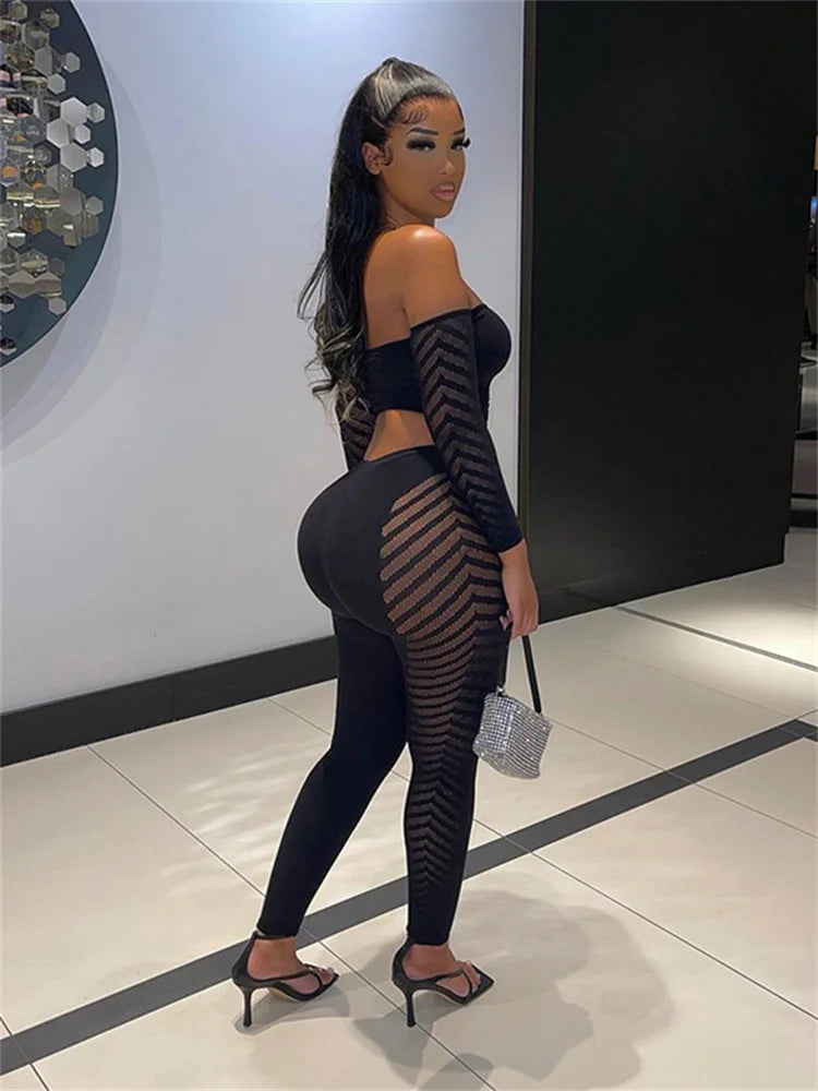 Yipinpay Simenual Baddie Fashion Mesh Tansparent Two Piece Sets Hotsweet Sexy Hollow Out Crop Tops Skinny Pants High Elastic Co Ord Suits