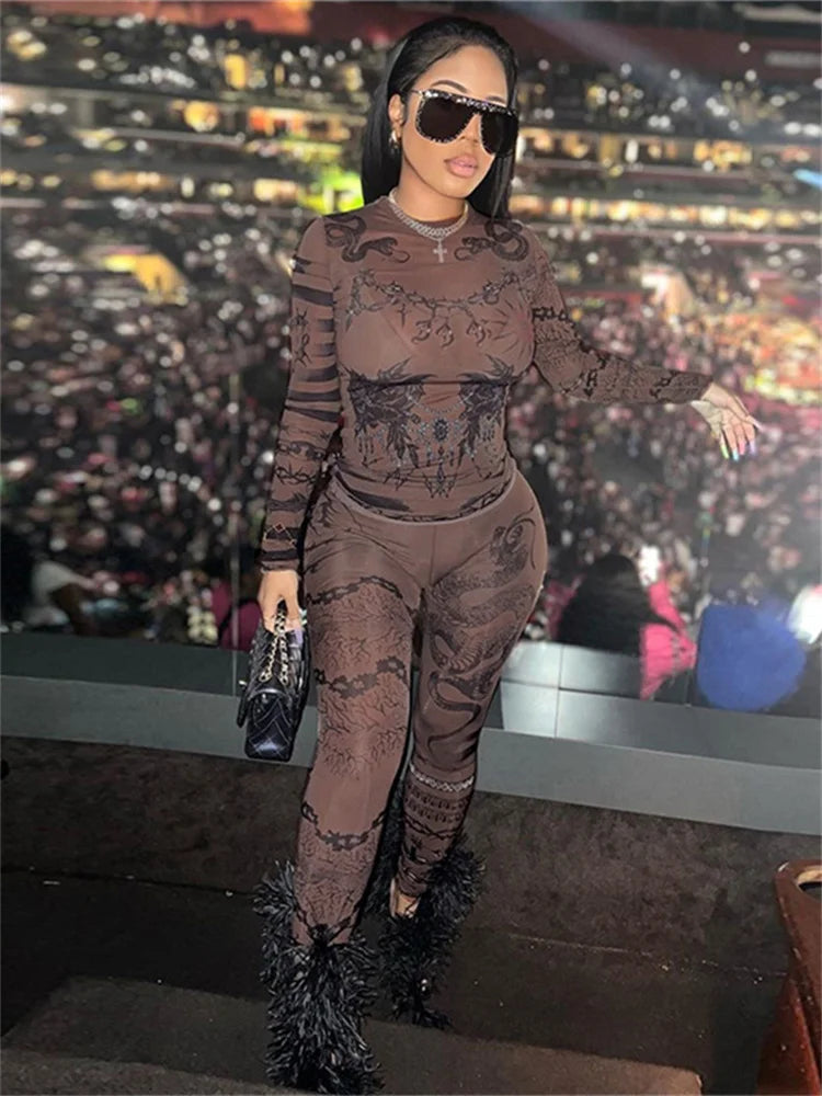 Yipinpay Simenual 90s Rave Mesh Printed Co Ord Suits Women Sexy See Through Pullovers T-Shirts Skinny Pencil Pants Y2K Club Two Piece Set