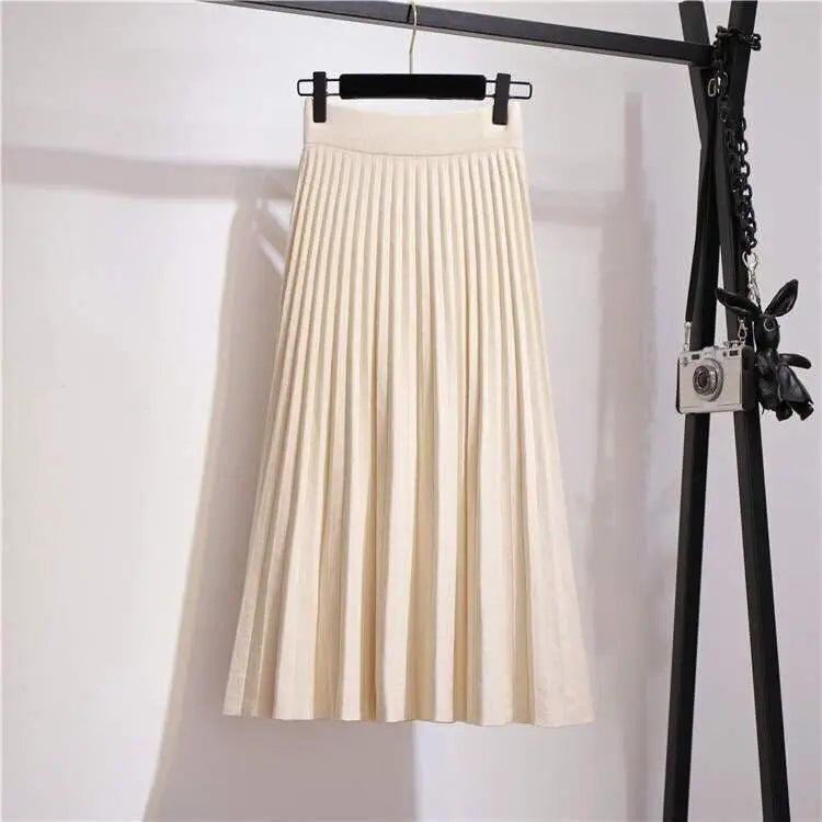 Yipinpay skirt women mid-length spring and autumn new 2024 elastic high waist thin a-line wool solid pleated long skirt female