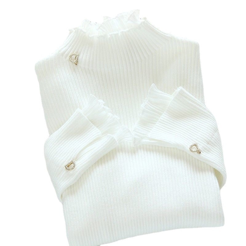 Yipinpay bottoming sweater fake two-piece pullover lace lotus leaf fungus edge collar top female autumn summer new bell sleeves