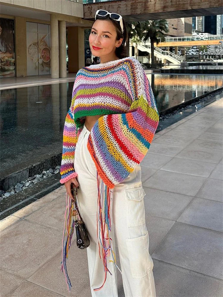Yipinpay Tassel Contrast Holiday Sweater Pullovers For Women Loose Flared Sleeve Beach Boho Knit Female Cover up Pullover Crop top