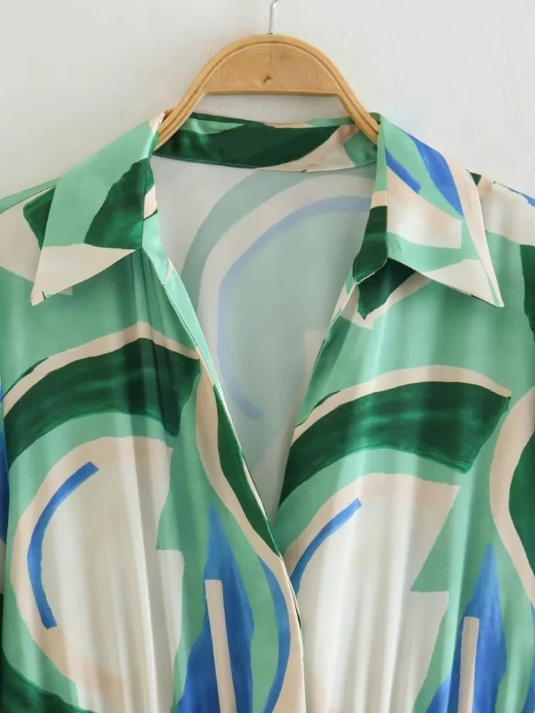 Yipinpay 2023 Printed Shirt Dress Woman Pleated Long Dress Women Long Sleeve Elegant Casual Women's Dresses Midi Party Dresses