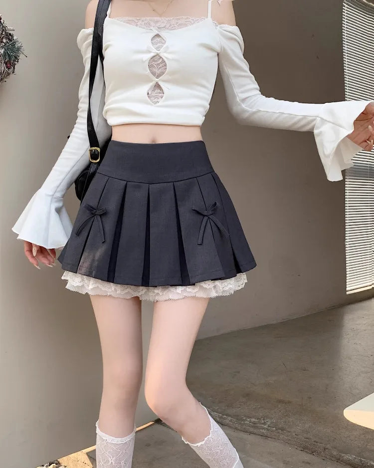 Yipinpay Pleated Skirts Women Sexy Bowknot High Waist Lace Patchwork Spring Fashion Culottes Sweet Firl Mini Skirt Casual