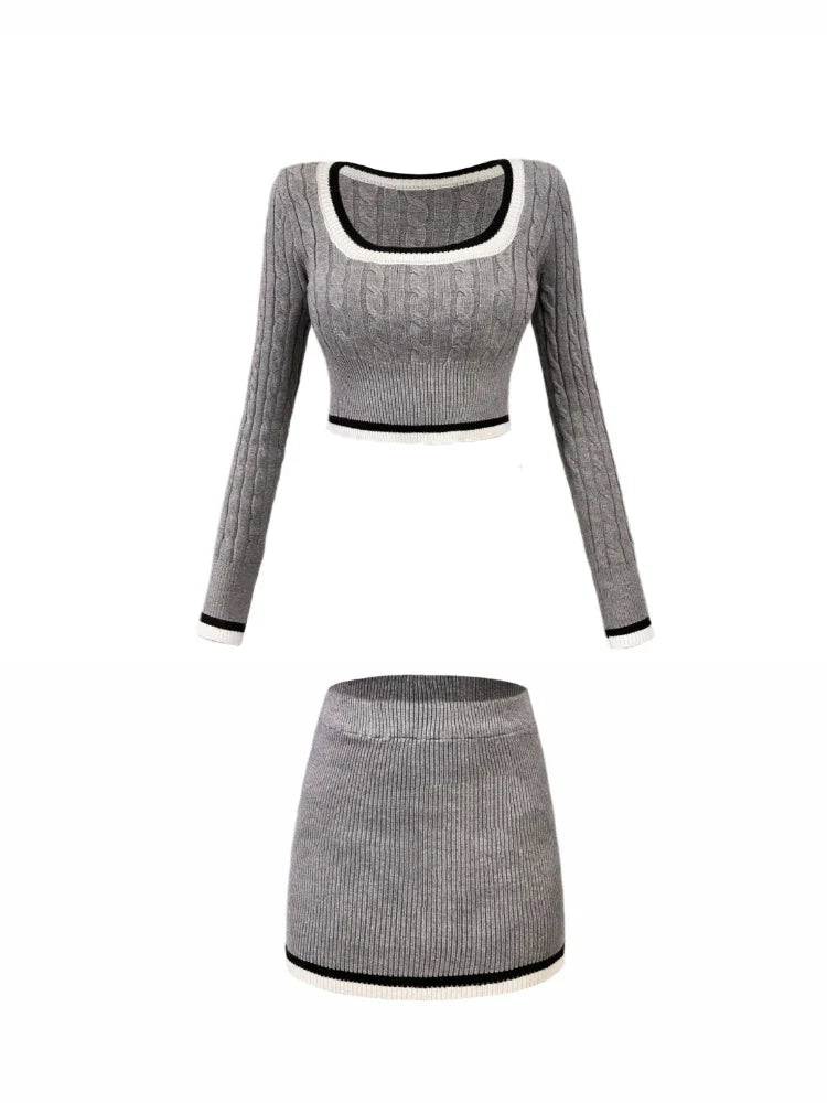 Yipinpay Knitted Suit Woman Y2k Crop Tops Sweater + Casual Shirt + Slim Bodycon Mini Skirt Korean 3 Piece Set Skirt 2024 Autumn