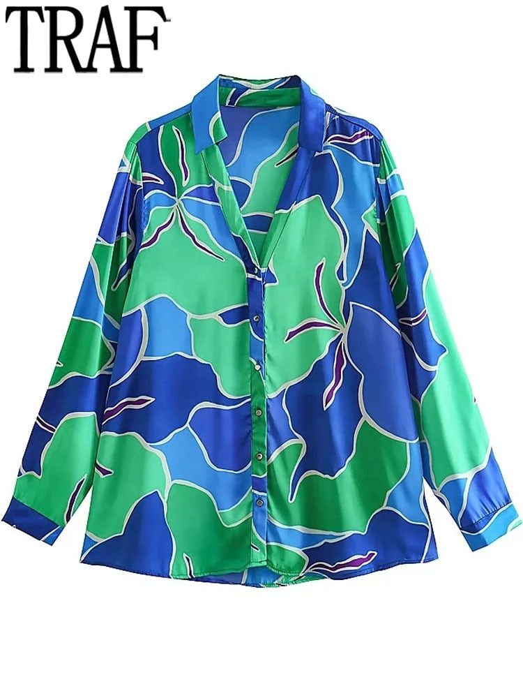 Yipinpay 2023 Print Satin Shirt Woman Blue Button Up Shirt Women Vintage Long Sleeve Shirts And Blouses Women Casual Loose Blouses