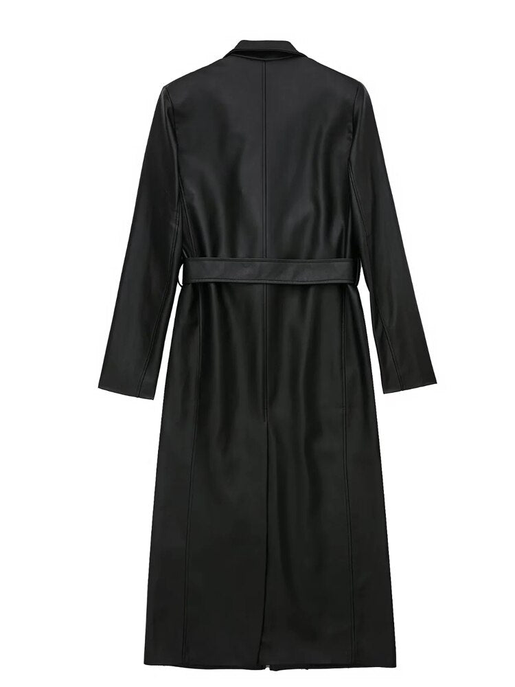 Yipinpay Black Trench Coat For Women Faux Leather Long Coat Women Winter 2023 Belt Elegant Woman Trench Coat Women's Windbreaker