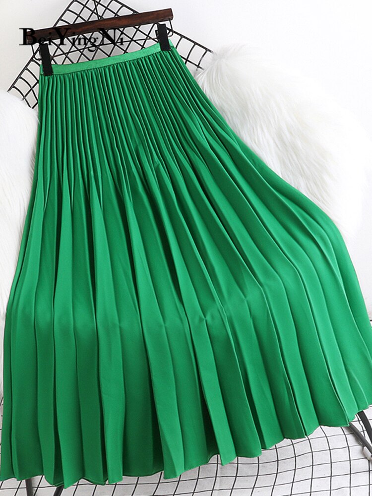 Yipinpay 2023 Spring Autunn Pleated Skirt Women Casual Fashion Elegant Solid Color High Waist Long Midi Skirts Ladies Chic Saia