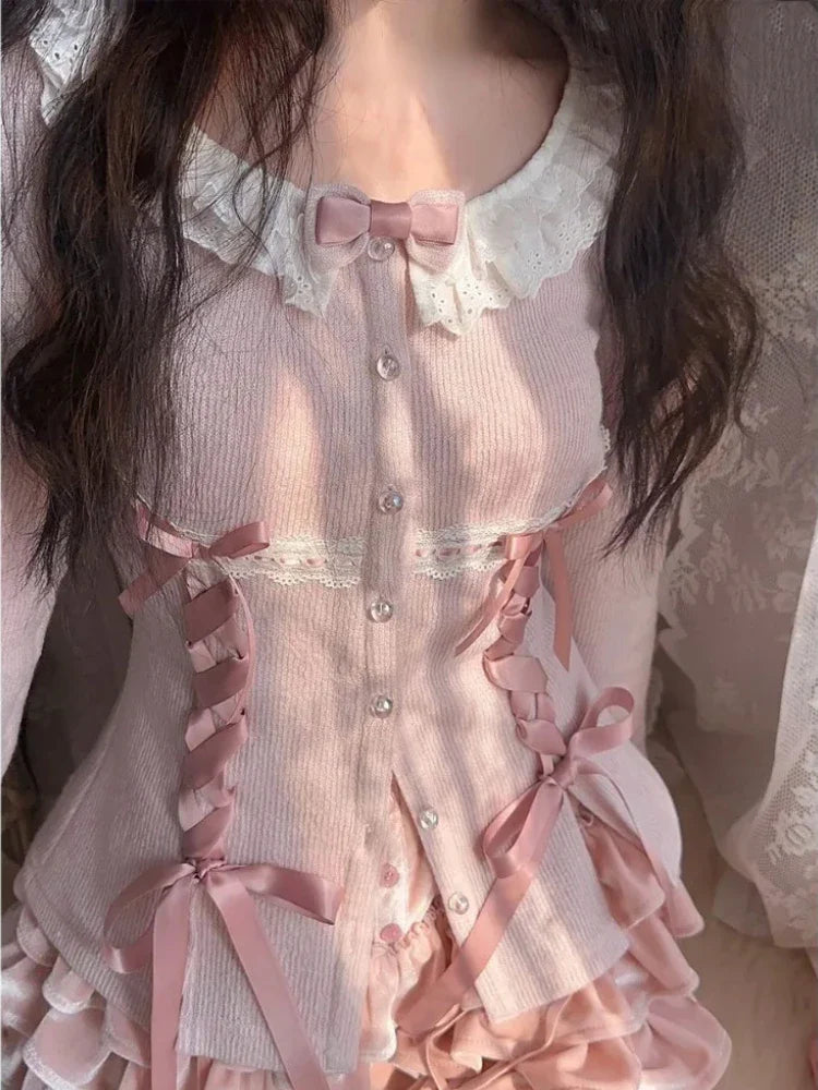 Yipinpay Japanese Kawaii 2 Piece Skirt Set Women Sweet Bow Knitted Tops Cute Mini Cake Skirt Korean Fashion Spring Autumn Skirt Suit