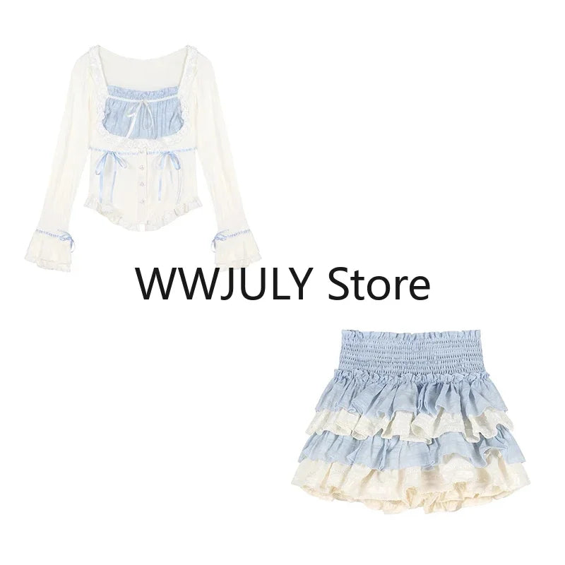 Yipinpay Summer Kawaii Lolita Suit Japanese Style Slim Lace Tops + Bodycon Y2k Mini Skirt Fashion Cake Skirt Girls Party 2 Piece Set